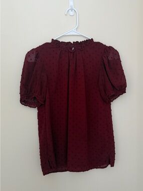CeCe Burgundy Swiss Dot Puff Sleeve Top